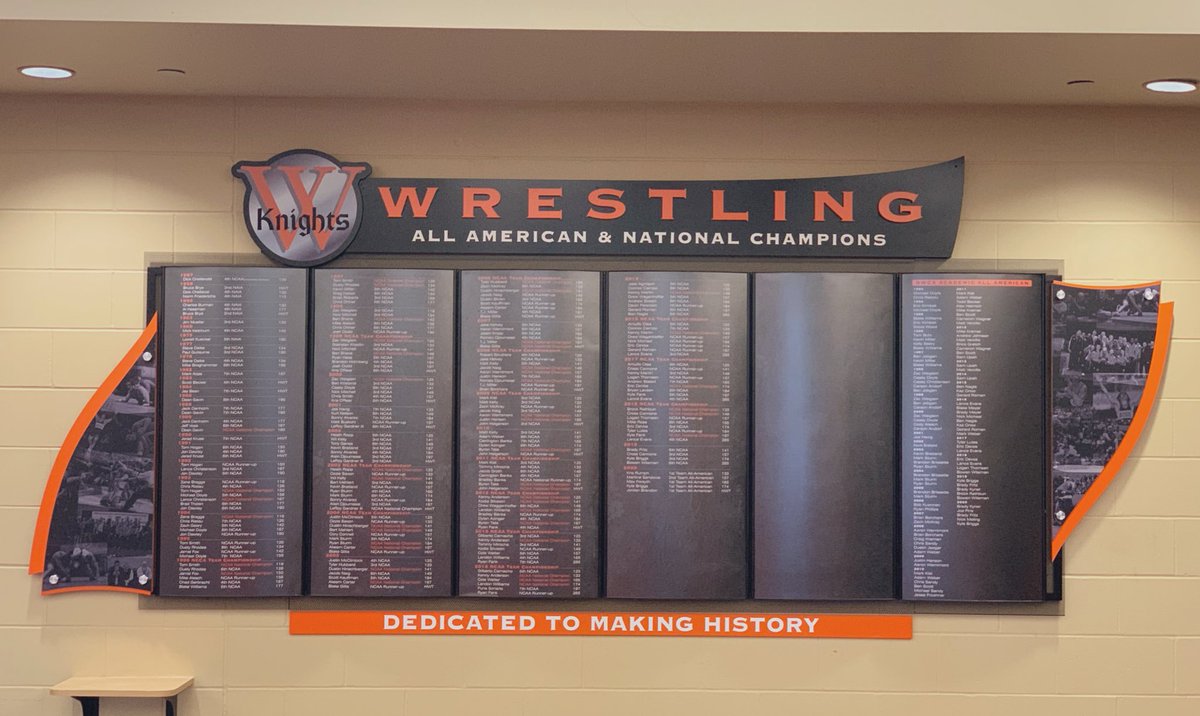 wartburgwrestle's tweet photo. Wall of excellence updated today! 
🟠14 NCAA Team National Championships
🟠12 NWCA National Duals Titles
🟠37 Conference Championships 
🟠47 NCAA National Champions
🟠191 All-Americans
🟠101 Academic All-Americans
#Tradition #History #NoLimits ⚔️🟠⚔️⚫️ https://t.co/TqpSVZzD1b