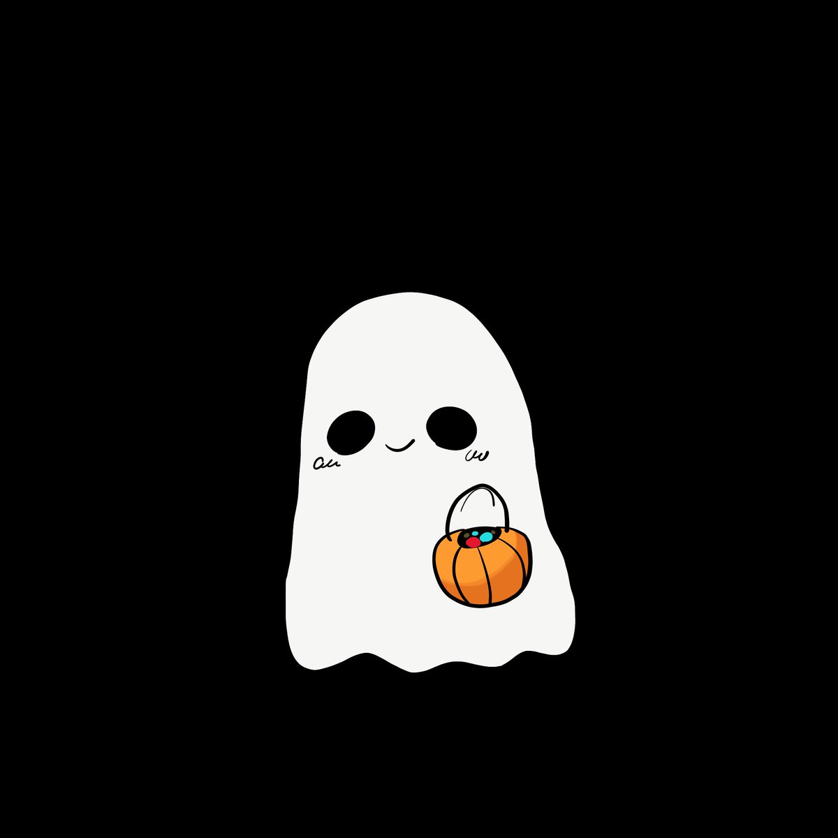 a baby ghost holding a pumkin pail filled with candy 