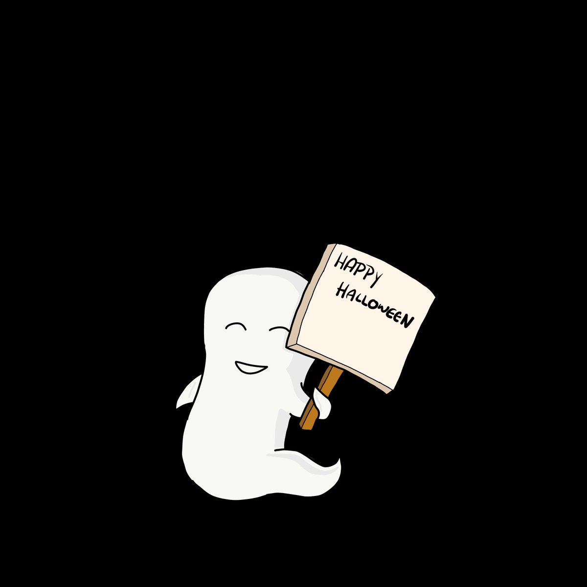 ghost holding a happy halloween sign