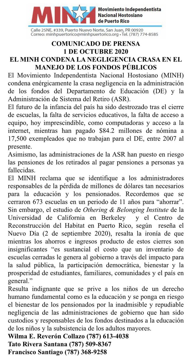 El Movimiento Independentista Nacional Hostosiano (MINH) condena enérgicamente la crasa negligencia en la administración de los fondos del Departamento de Educación (DE) y la Administración de Sistema del Retiro (ASR).