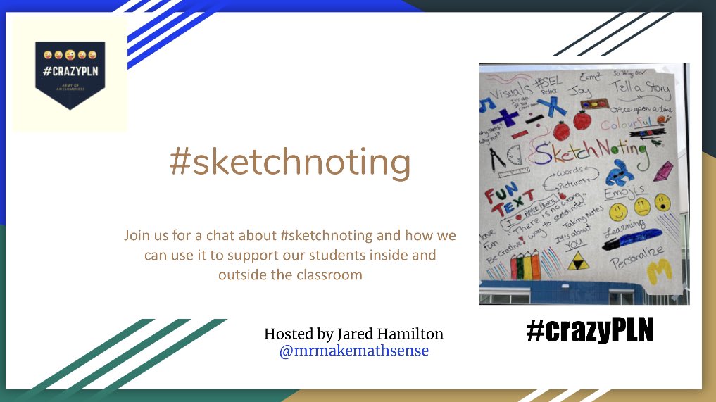 This Saturday Oct 3rd at 10AM EST our #CrazyPLN Twitter chat welcomes @mrmakemathsense as host!  

We are talking about using #Sketchnoting to support Ss inside and outside the classroom! 

<a href="/GreenScreenGal/">Erika Sandstrom #FETC #ISTE #SXSW</a> <a href="/WorldProfessor/">Professor</a> <a href="/TheWalkingEds/">The Walking Ed</a> <a href="/DynamicDuda338/">Jen Kressler Duda, M.ED</a> <a href="/saldanact/">Cristóbal T. Saldaña, Ed.D.</a> <a href="/KlimkowskiMrs/">Melanie</a>