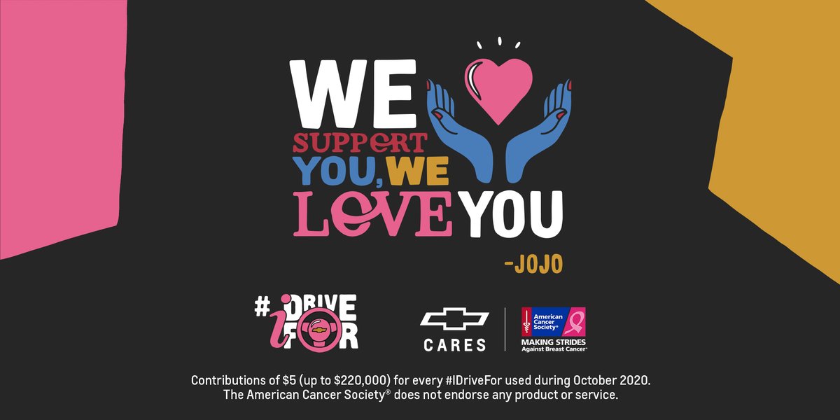 chevrolet's tweet photo. We want everyone in the fight against breast cancer to know this. Retweet this and tell us who inspires you using #IDriveFor and #Chevy will contribute $5 (up to $220,000) to the @AmericanCancer Society. https://t.co/EbsnE24aww
