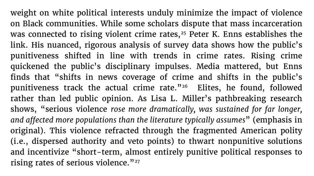 As Peter Enns meticulously documents in Incarceration Nation, the bipartisan "tough on crime" reforms that created America& #39;s carceral state were closely linked to the crime wave. Refracted through the American political system, punitive measures beat-out non-punitive ones.