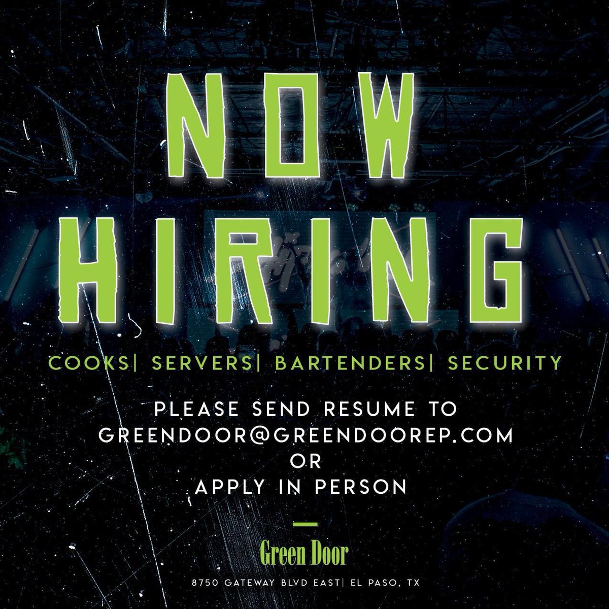 JOIN OUR TEAM!
As we prepare to open our doors again we are hiring for all positions.
If interested you may send your resume to greendoor@greendoorep.com or apply in person on the following days:
Oct 2nd 3 - 6 PM
Oct 3rd 11 AM - 4 PM
Oct 5th, 6th &amp; 7th Noon - 5 PM