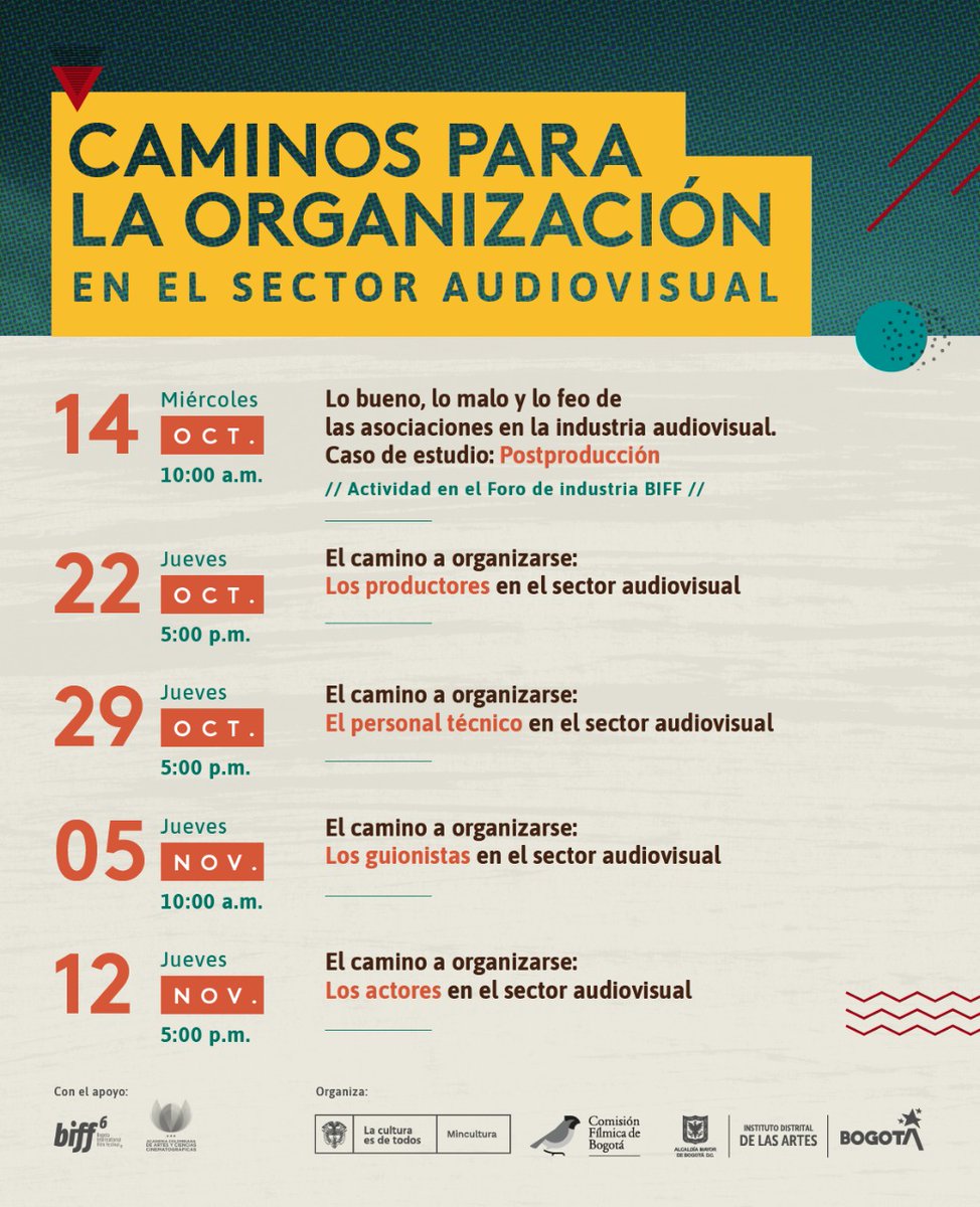 Los invitamos a participar de una serie de cinco encuentros sobre los caminos para la organización de los agentes del ecosistema audiovisual y cinematográfico, organizados por la @DirAudiovisual de <a href="/mincultura/">MinCultura Colombia</a> y la Comisión Fílmica de Bogotá del Instituto Distrital de las Artes.