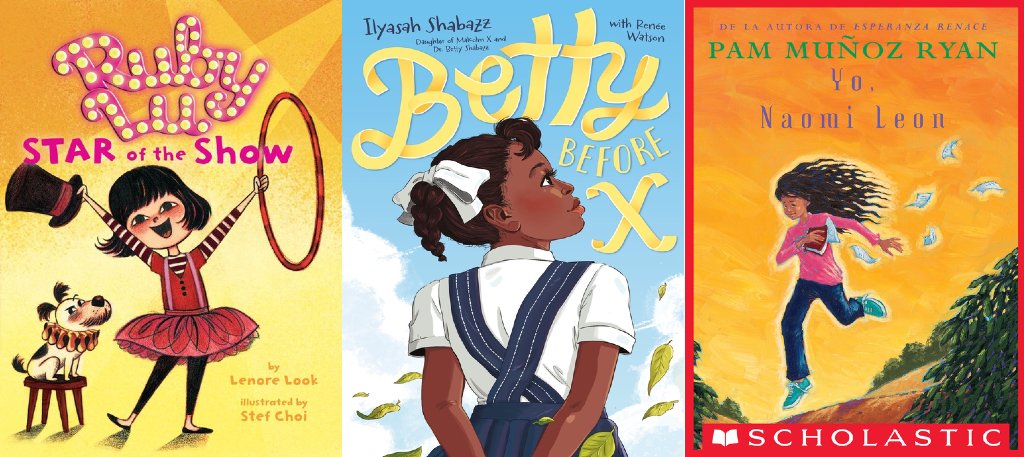 three book covers side by side. featuring young girls standing, smiling, jumping
