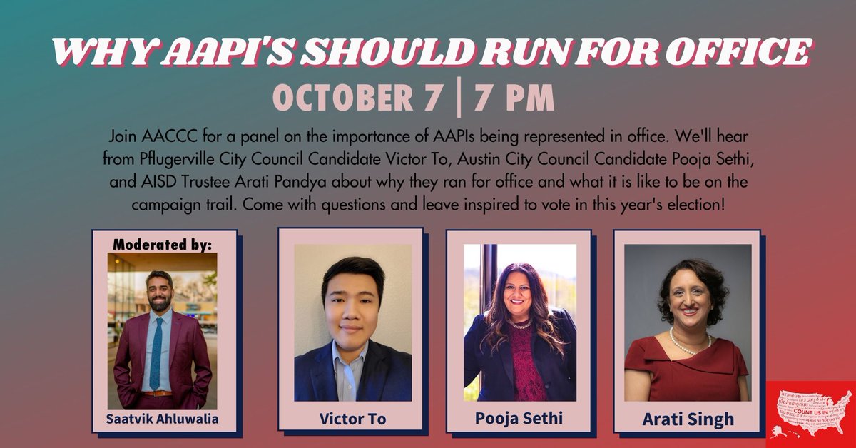 AACCC_ATX's tweet photo. Join AACCC for a panel on the importance of #AAPIs in office. We'll hear from #Pflugerville City Council Candidate Victor To, #Austin City Council Candidate Pooja Sethi, and AISD Trustee Arati Pandya about why they ran for office and what it’s like to be on the #campaign trail. https://t.co/AYGVdUD8Xn