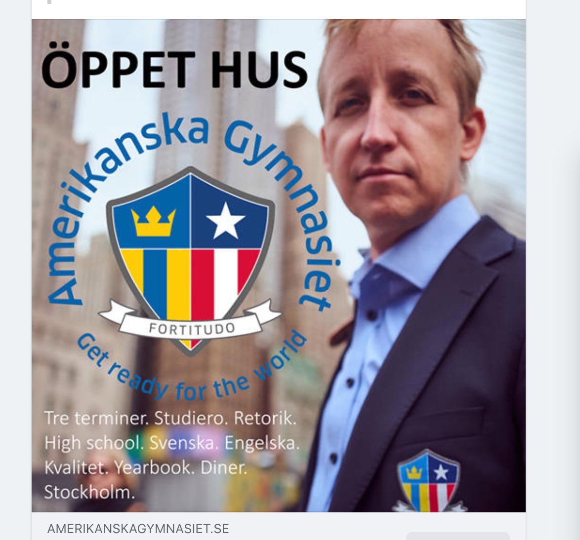 This is the ad I got on Facebook. Is that supposed to be the principal? A 43-year-old student in a fuckin blazer? Why does the crest have the Puerto Rican flag in it?