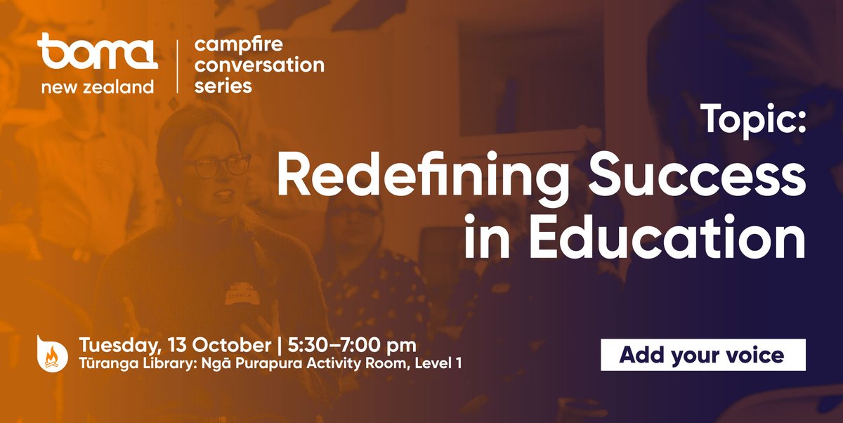 BomaNewZealand's tweet photo. We're hosting a Boma NZ Campfire as part of the #LearningDays2020 Festival! Join us for a facilitated discussion on redefining success in #education at Tūranga on Tuesday, 13 October. Register at: https://t.co/cIxtlaojtx
#EdChatNZ #ChristchurchNZ #Waitaha #CanterburyNZ https://t.co/6ZSzggeFQB