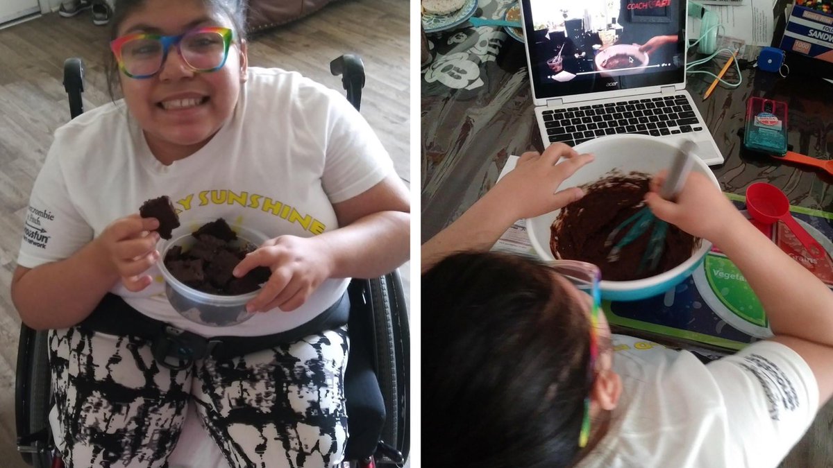 CoachArtOrg's tweet photo. CoachArt student Lizzy baking vegan brownies on today’s #FacebookLive Tutorial! Families can access the full #bakinglesson to make vegan brownies with kids at home. 😋🍫 Watch here: https://t.co/OOYUfQWaHm
#kidsfood #brownies #veganrecipes https://t.co/GTR1Jzq8lr