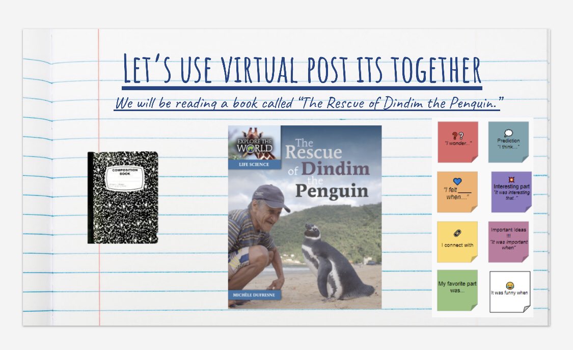 MarissaGoldman2's tweet photo. Reading about the rescue of Dindim the penguin inspired so many thoughts and feelings for us today. We loved using our stop and jot notebooks, as well as, emojis to capture all of our ideas as we read! 🐧 https://t.co/3BXFRUKQit