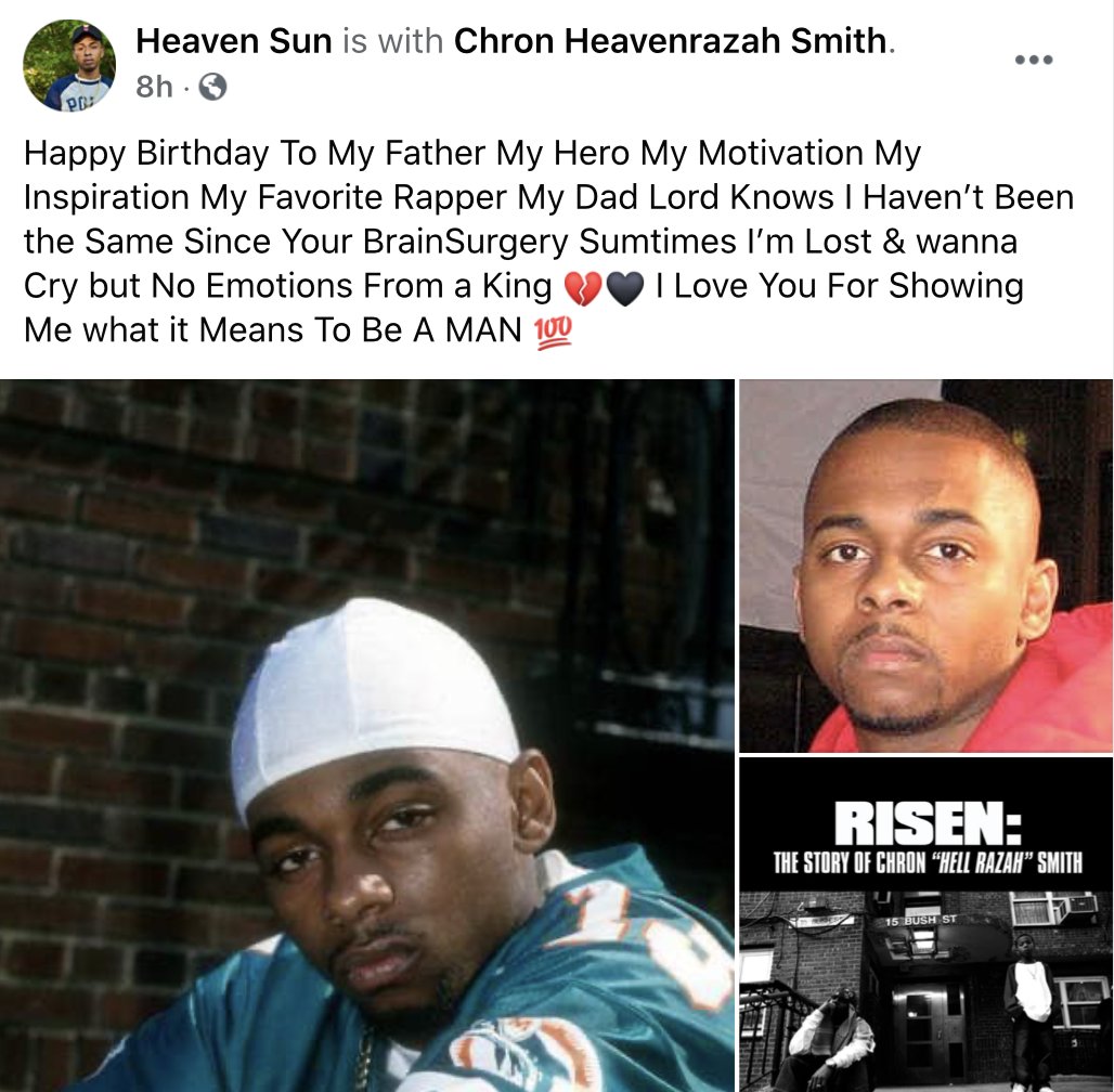 Happy Birthday to my family Hell Razah of Sunz of Man. One of the strongest brothers I know. He came back after the brain aneurysm/coma 10 years ago.. he learned to walk & talk all over. And then he got CANCER and survived that. The below is a post from his son. #Wutang #WingzUp