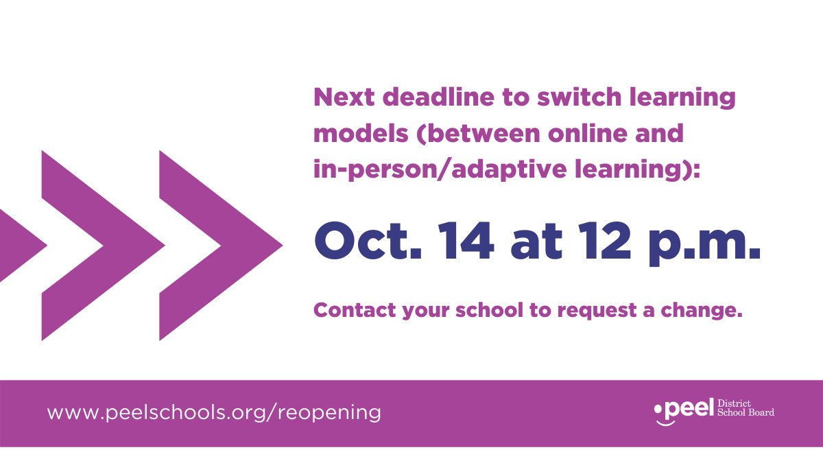 As the COVID-19 pandemic continues to evolve across Ontario, we understand that families’ and students’ needs may have also changed. Families who would like to switch learning models between online and in-person learning can do so by Oct. 14 at 12 p.m. ➡️peelschools.org/media/newsrele…