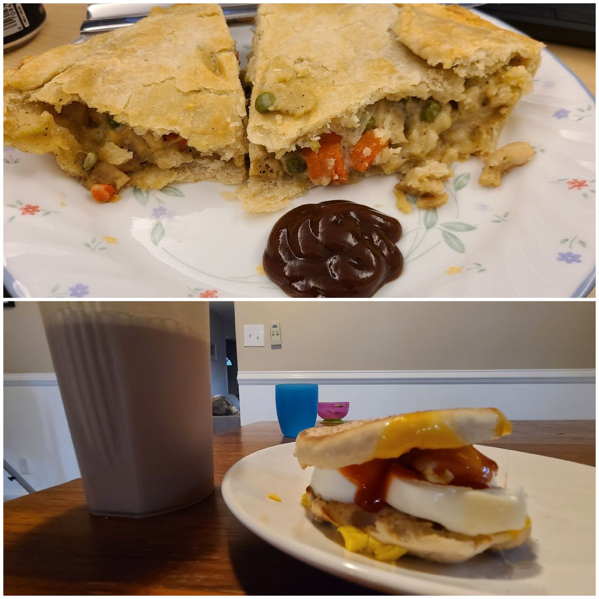 IsleOfFitness's tweet image. Lunch was a delicious but heavy chicken pie.

Dinner is a lighter egg/cheese muffin with protein shake. Also delicious. 

Weightloss success: balancing meals and realizing you don&apos;t need massive plates every meal time. 

#CalorieTracking #CalorieDeficit
