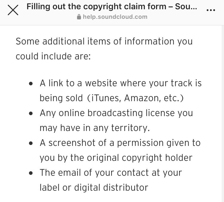 After looking into the situation, i found that on SOUNDCLOUD’S WEBSITE they stated that i could use any of these examples shown below as proof of ownership. So i check in with Hunter, and he tells me No. That it’s “not efficient”. At this point i was honestly ready to give up.