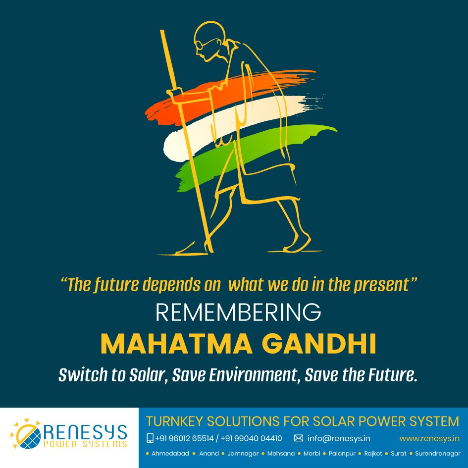 Renesyspower's tweet image. Happy Gandhi Jayanti to All..!
On the 151st Birth Anniversary of Mahatma Gandhi,  Let’s determine to switch to Green Energy. 
Let’s Save the Environment and Save the Future.

renesys.in

#solarsystem #solarpower #solarepcservice #turnkeysolarsolution