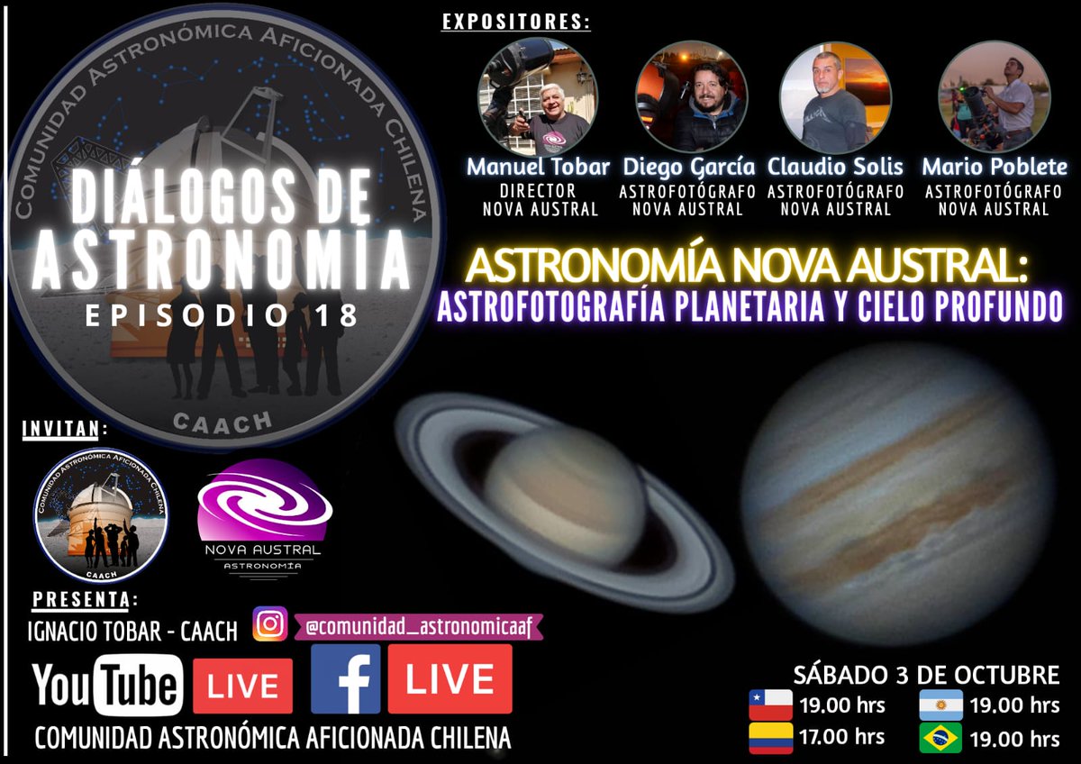 ComAstronomica's tweet photo. descubre las técnicas para hacer #AstrofotografíaPlanetaria y de #CieloProfundo 🔭✨ en un nuevo episodio de #DiálogosDeAstronomía 💫 con los invitados especialistas de @NovaAustral 🌠 el sábado 3 de octubre a las 19 hrs vía #FacebookLive y #YouTubeLive ☄️🌘 invita #CAACh 🌟 https://t.co/ZNBpc86qNh