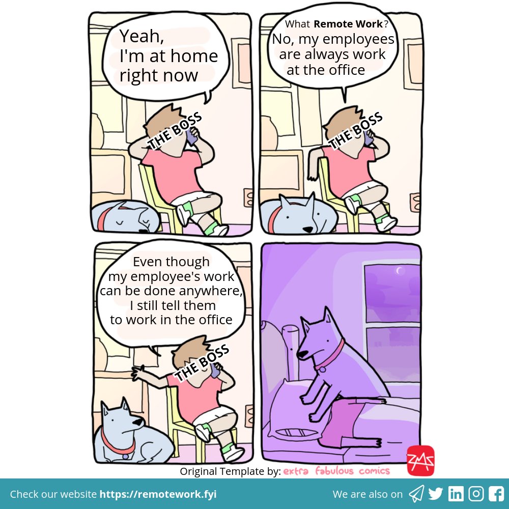 remotework_fyi's tweet photo. Do you want to save the boss from his dog? π
#meme #remoteworkmeme #remotework #remoteworking #workingremotely #workfromhome #workingfromhome #wfh #workfromanywhere #flexibleworking #telecommuting https://t.co/rQBG5Ui7AB