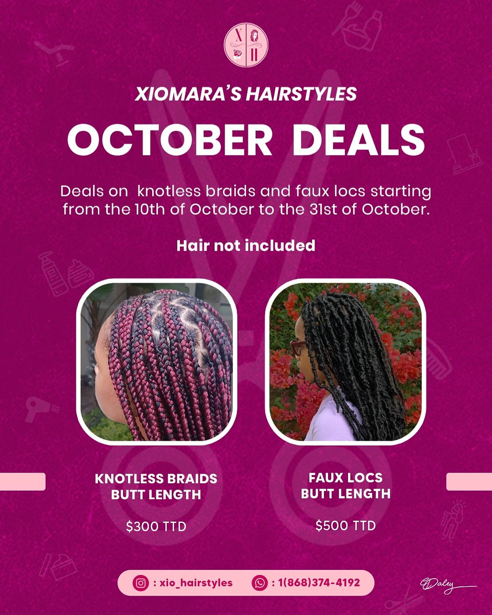 GrangerXio's tweet photo. What better way to ring in the new month than with a new style? It's a fact that looking good makes you feel even better💁🏽♀️💁🏽♀️💁🏽♀️💁🏽♀️.
Don't miss out on our great deals for #pinktober.
DM us or whatsapp for more information.
#westyle #yousmile #fauxlocs #knotlessbraids https://t.co/qTFG6qmHKm