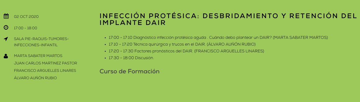 Mesa sobre infección protésica #PJI y #DAIR en #secot2020, hoy a las 17h. Con Alvaro Auñón de <a href="/Hospital_FJD/">Fundación Jiménez Díaz</a>, Marta Sabater <a href="/MartaSabater1/">Marta Sabater Martos</a> del <a href="/hospitalclinic/">Hospital Clínic</a>, y Francisco Argüelles del <a href="/HospitalLaFe/">HospitalLaFe</a>. Modera Juan Carlos Martínez Pastor, del Clínic.