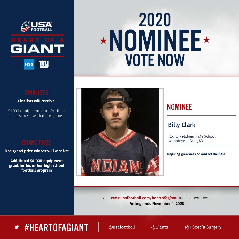 Vote for RCK's Billy Clark to win <a href="/usafootball/">USA Football</a>’s the Heart of a Giant Award! Nominees exhibit traits of Character, Commitment, Teamwork, Dedication, &amp; Will which Billy has in spades!! Vote once a day per device everyday to help Billy win at usafootball.com/hoagvote. #HeartOfAGiant