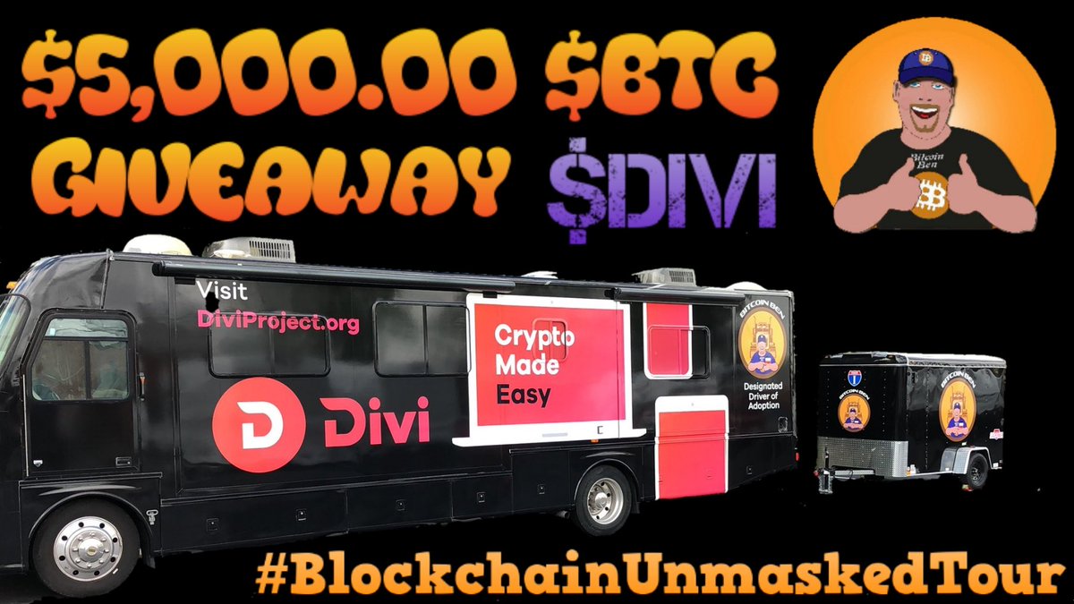 🔴 $5,000.00 #GIVEAWAY
Sponsored by, #DiviProject

1️⃣LIKE &amp; RETWEET + TAG 3 PEOPLE
2️⃣FOLLOW
<a href="/KennethBosak/">₿roKenn</a>
@BenSemchee
&amp; <a href="/DiviProject/">Divi Project</a>
3️⃣FINISH HERE: bit.ly/5KBTCDIVI

WIN $5,000.00 IN $BTC OR $DIVI
     #BlockchainUnmaskedTour

🔴 Ends Nov 7th
<a href="/coinkit_/">CoinKit</a> COM 500 500 #BTC 🚍