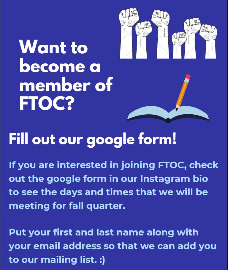 Hello everyone!! Happy first day of fall quarter! We will have our first meetings of the quarter next Monday at 8 pm and Friday at 3 pm. For those who are still interested in joining FTOC, please click the link in our bio and fill out the google form :)