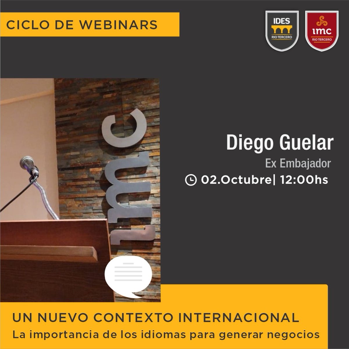 idesrt's tweet image. Ciclo de #Webinars en @IMChampagnat e @idesrt.
Mañana viernes 2/10 a las doce presentamos a @diegoguelar

12:00 hs 💻para ingresar a ver transmisión bit.ly/Diegoguelar

#contextointernacional #interes #idiomas #conocimiento #nodejesdeaprender #diegoguelar #riotercero #Mundo