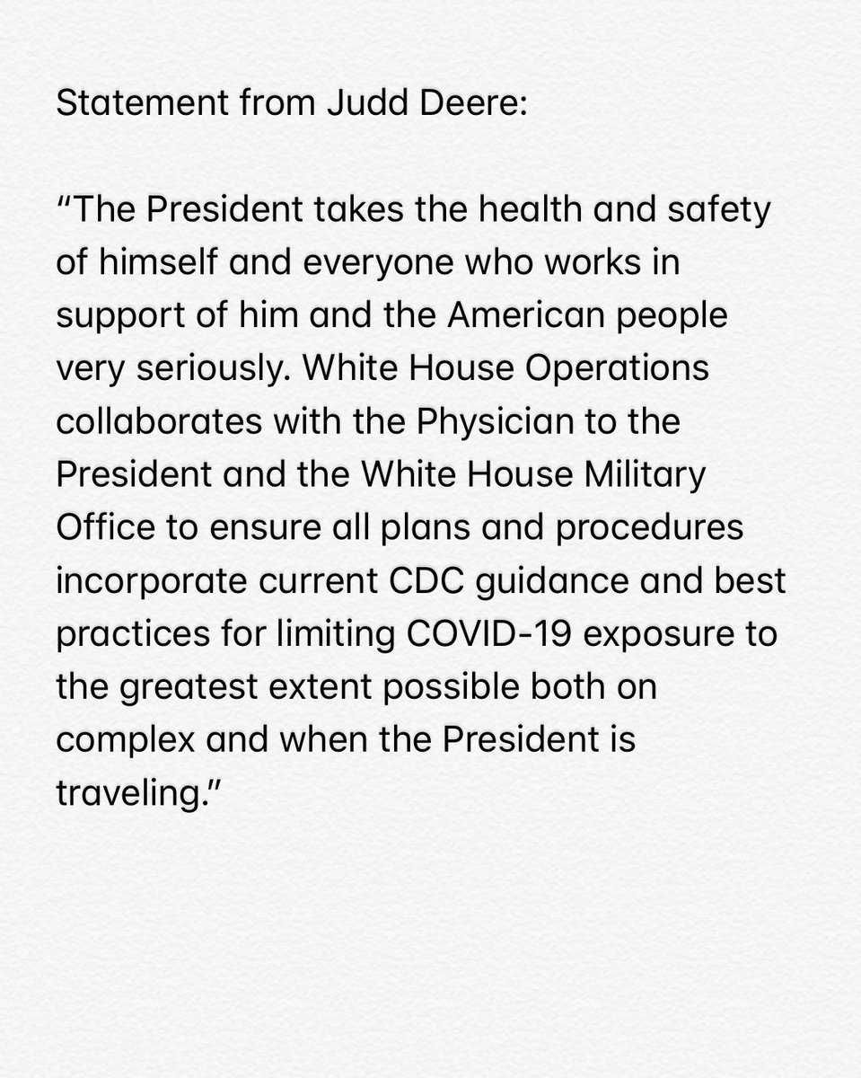 White House works to limit COVID-19 exposure “to the greatest extent possible” both on complex and when the president is traveling, spokesman Judd Deere says in a statement, without mentioning by name the aide who has coronavirus.