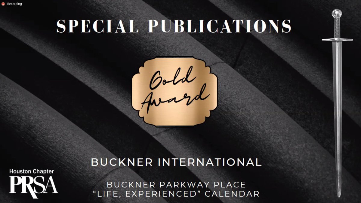 ChrisRuthPR's tweet photo. Thank you to @PRSAHouston for presenting @BucknerSrLiving and @buckner_intl with a Gold Excalibur Award for Special Publication Tactic and a Silver Excalibur Award for Community Relations Campaign. It honors the amazing stories of our Parkway Place residents. #LifeExperienced https://t.co/GzTjlO2fNB