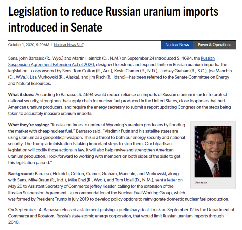 quakes99's tweet photo. Bipartisan legislation to reduce #Russian #uranium imports introduced in US Senate ๐โ๏ธโ๏ธ#U3O8 #mining #TradeRestrictions #USA #Russia #NFWG #nuclear #NationalSecurity https://t.co/3nJEFakf5y https://t.co/o6l4OxNrDD