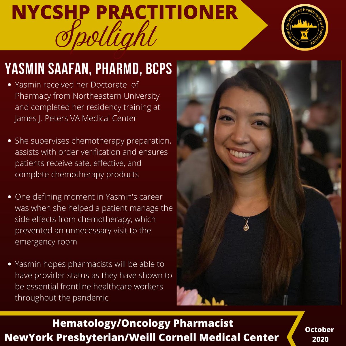 NYCSHP's tweet photo. Our October Spotlight is Dr. Yasmin Saafan, a Hematology/Oncology pharmacist from New York Presbyterian Weill Cornell Medical Center!
#nycshp #collaboration #innovation #wellbeing #healthsystempharmacists #newpractitioners #PharmacyLeaders #spotlight #nyphospital #WeillCornell https://t.co/mlQ2iLGFxo