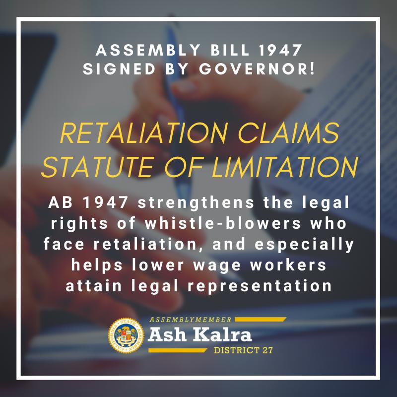 We finally got #AB1947 signed into law! This bill empowers workers against retaliation by their employers. This bill’s been a partnership with Ruth Silver Taube SCC Wage Theft Coalition, Mariko Yoshihara  @CELA_Lawyers , @CHIRLA , @seiucalifornia & Joint Author @LorenaSGonzalez !