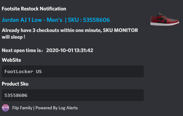 flip_family's tweet photo. Also a great time to express how excited I am to be adding @LogAlerts to our server

No more wondering if a footsite restock monitor is accurate. Instead get real time checkouts right in our server! https://t.co/MgrlsAWymR