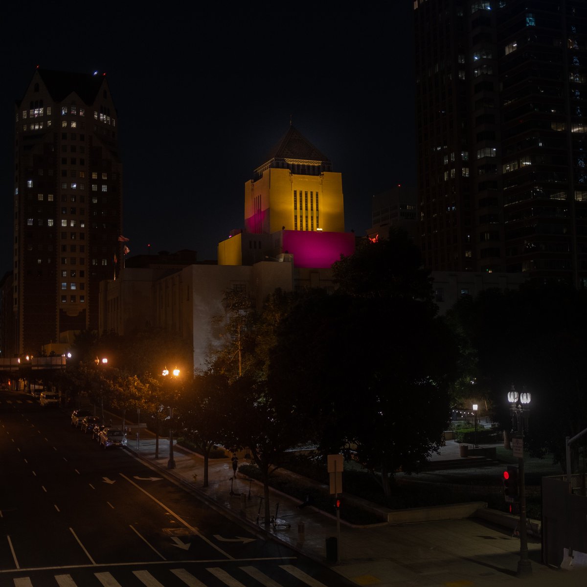 Central Library with purple and gold lights