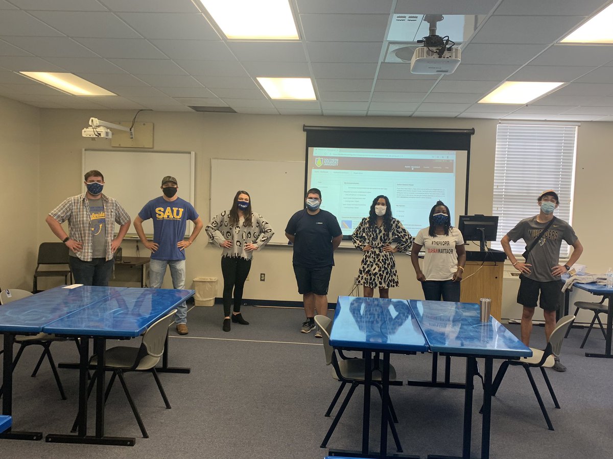 TeachSOUTHARK's tweet photo. The student in the center is a senior from Sheridan High School and is interested in middle or elementary education. The other six students are current teacher education majors who welcomed him and shared about their positive experiences at SAU. https://t.co/NRvyHEJsyU