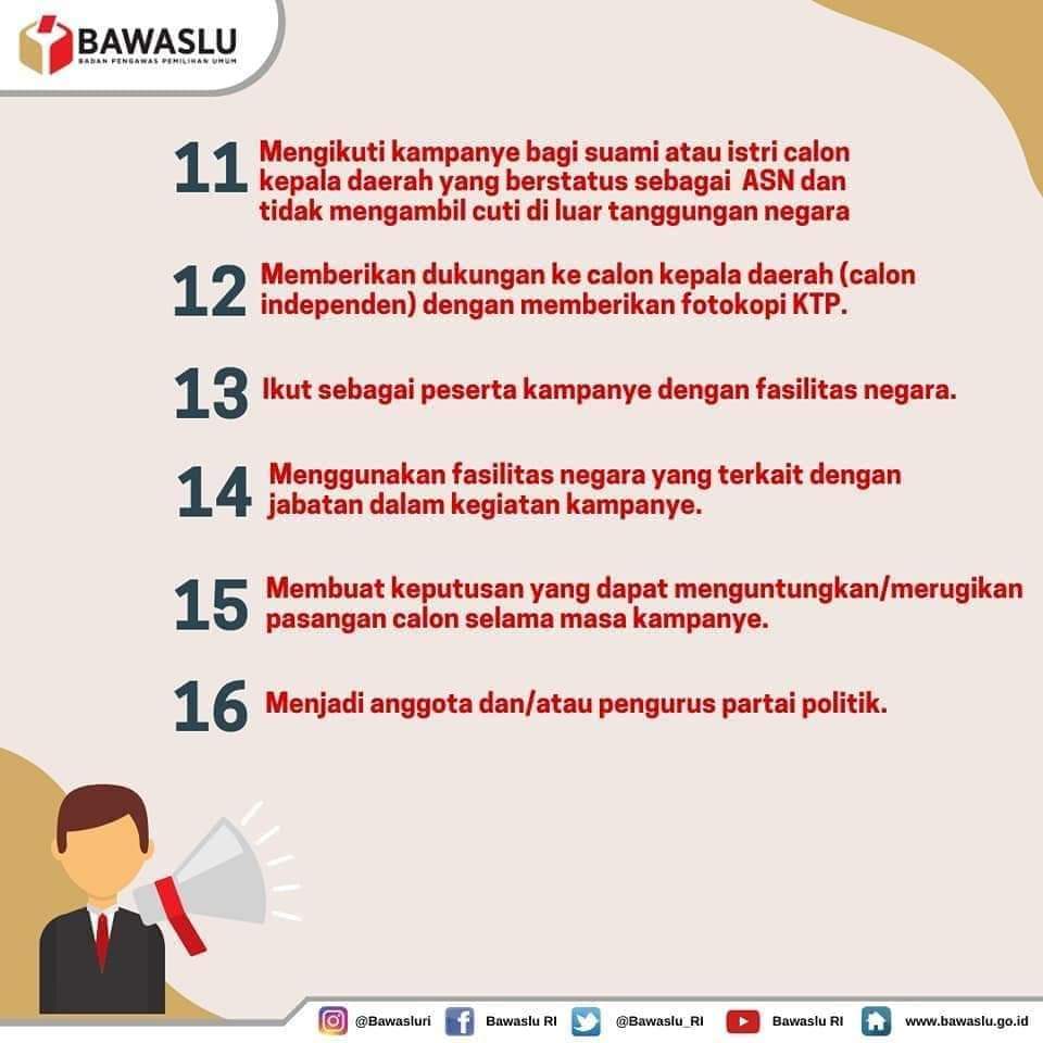 darma_boys's tweet photo. Netralitas ASN, TNI, Polri, Pejabat BUMN, BUMD, Kepala Desa, Badan Permusyawaratan Desa dan Perangkat Desa. https://t.co/N09GItfsBA