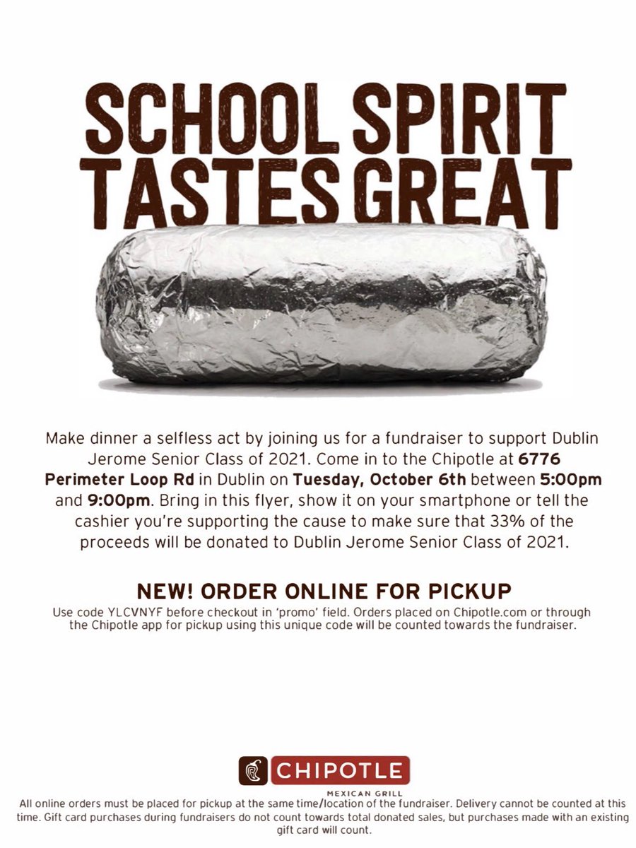 THEjeromejungle's tweet photo. Come support your 2021 Senior Class by going to Chipotle on October 6th! Make sure to show this flyer: https://t.co/IuFqP7K3du
