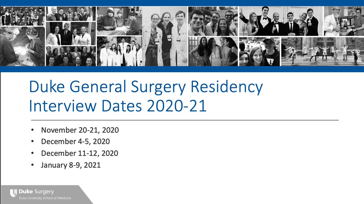 We're excited to announce our interview dates for the upcoming application cycle! We look forward meeting the next generation of @DukeSurgery residents. #ChooseDuke #SabistonSquad #MedTwitter #GenSurgMatch2021 #MedStudentTwitter #SurgTwitter @AcademicSurgery @AmCollSurgeons
