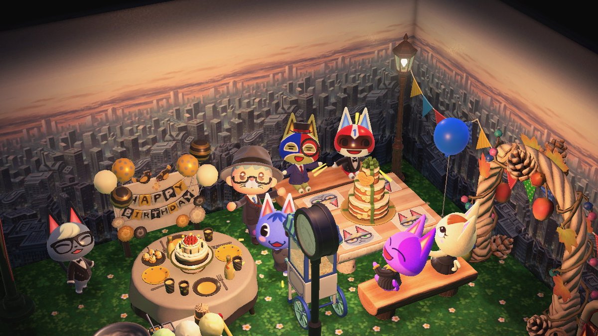 CatalystXander's tweet photo. Raymond's tux party! with his feline friends! happy birthday! top of the hills,skycraper!  #AnimalCrossing #ACNH #NintendoSwitch #raymond https://t.co/X5VExBr0Ja