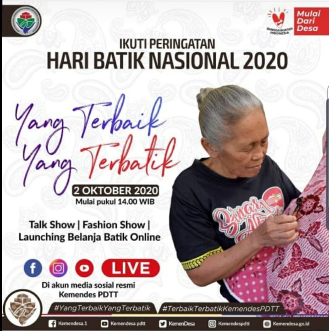 Bangga kebudayaan lokal dan nasional ? 
Batik salah satunya
#Yangterbaikyangterbatik
#TerbaikTerbatikKemendesaPDTT
#TPPJabar

<a href="/jokowi/">Joko Widodo</a> 
<a href="/halimiskandarnu/">ABDUL HALIM ISKANDAR</a> 
<a href="/malik_haramain/">malikharamain</a>
<a href="/imansyukri/">Iman Sukri</a>
<a href="/taufikmadjid71/">IG : taufik.madjid</a>
@fachrilabalado 
<a href="/azzameldzikrie/">#SantriIndonesia</a> 
<a href="/tppkemendes/">TPP KEMENDES</a> 
<a href="/KemenDesa/">Fast Track Travel</a>