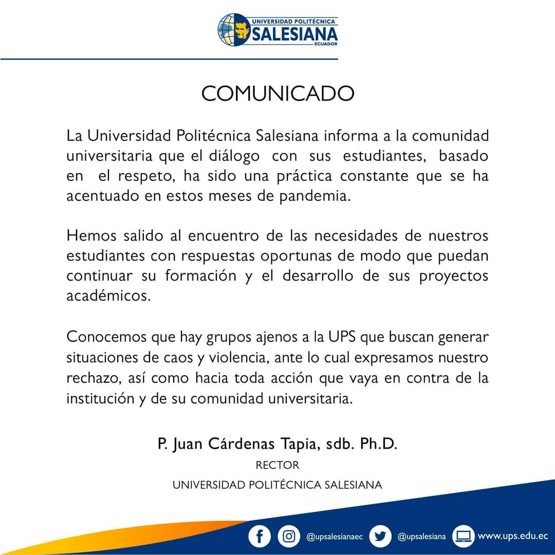 feupscuenca's tweet photo. @feupscuenca ante el comunicado de @upsalesiana
@ces_ec @EduSuperiorEc @FEUPE_EC @DEFENSORIAEC @mercurioec @UNSIONTV @tomebamba @eltiempocuenca @PRENSAVirtual_ @splendid1040 @teleamazonasec @elcomerciocom @complicefm @radialvision @RadioCiudad1017 @_REDInformativa @jorgepiedrac https://t.co/yoHyVGTGNK