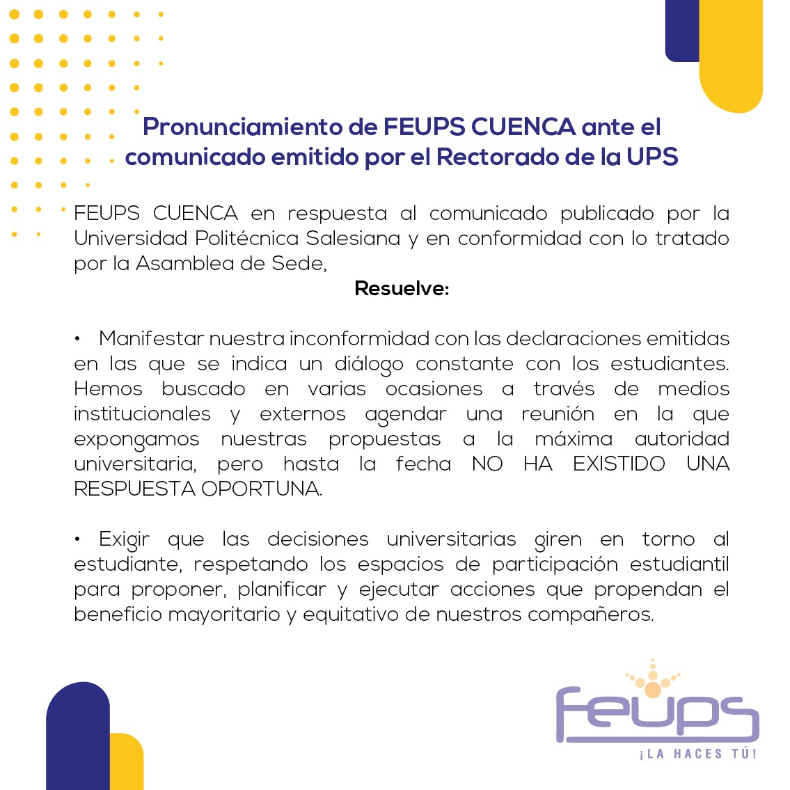 feupscuenca's tweet photo. @feupscuenca ante el comunicado de @upsalesiana
@ces_ec @EduSuperiorEc @FEUPE_EC @DEFENSORIAEC @mercurioec @UNSIONTV @tomebamba @eltiempocuenca @PRENSAVirtual_ @splendid1040 @teleamazonasec @elcomerciocom @complicefm @radialvision @RadioCiudad1017 @_REDInformativa @jorgepiedrac https://t.co/yoHyVGTGNK