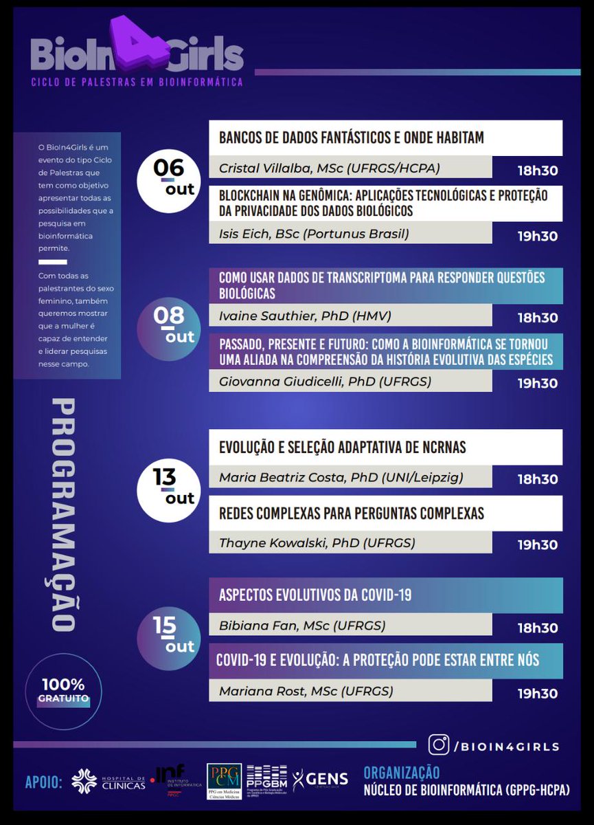ieich_'s tweet photo. Semana que vem farei uma palestra no Bioin4girls, ao lado de um time de meninas e mulheres incríveis da Bioinformática !

O evento é gratuito e meu bate-papo será sobre "Blockchain na genômica: aplicações tecnológicas e proteção da privacidade dos dados biológicos", no dia 06/10. https://t.co/gowrlVUGR9