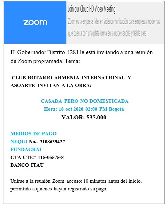El club Rotario Armenia International-CRAI te invita a  la actividad de recaudo para la campaña Polio Plus. Con su aporte podrá disfrutar de una excelente y divertida obra de teatro y compartir en familia. #endpolionow #polio #rotary 
<a href="/imagenrotary25A/">imagenpublicarotary</a> <a href="/rotarydis4271/">Rotary Distrito 4271</a> <a href="/Rotary4281/">Rotary 4281</a>