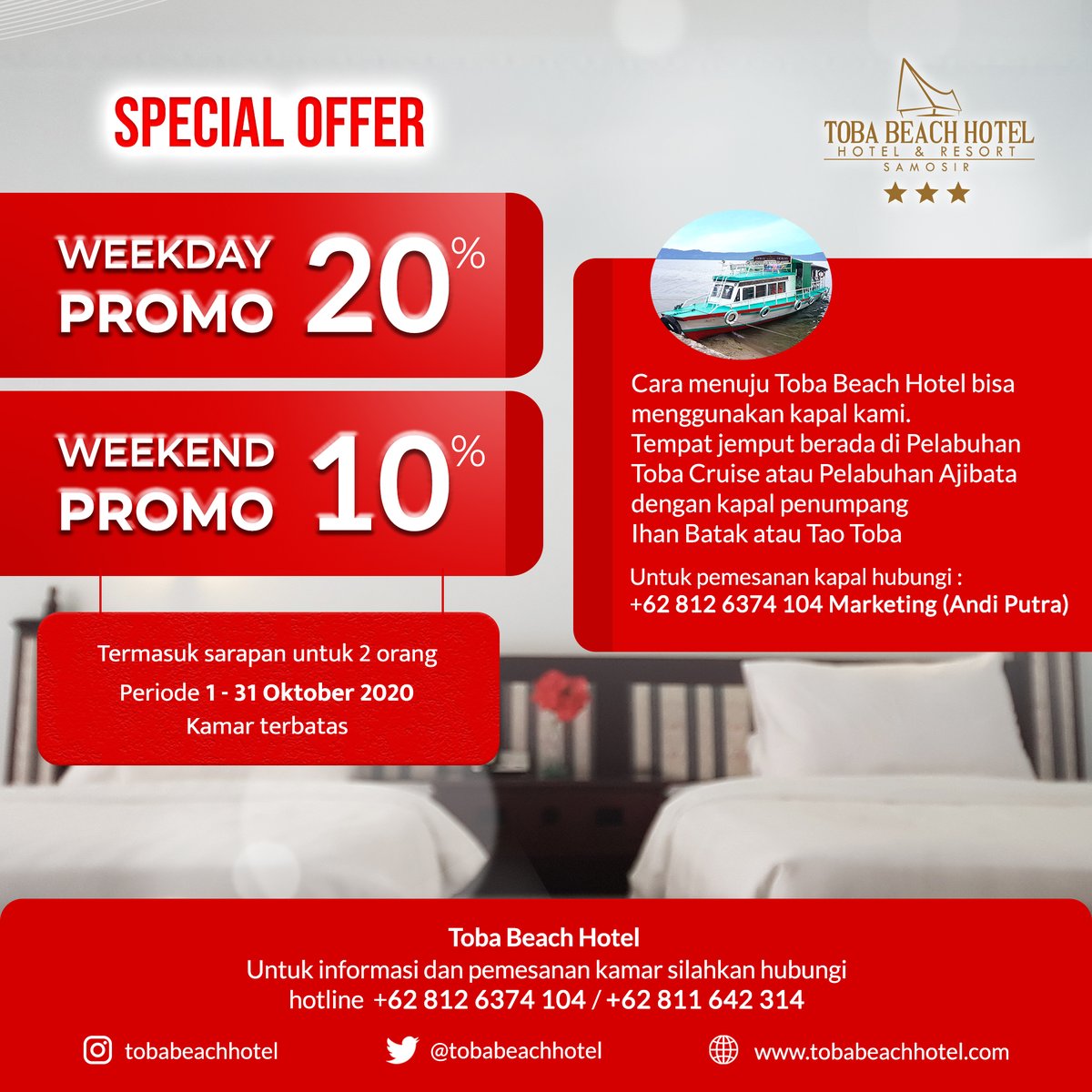 TobaBeachHotel's tweet photo. Promo Diskon untuk Bulan Oktober hadir kembali.
Dapatkan kenyamanan dengan harga terjangkau.
Ayo liburan dengan aman dan nyaman.
#Promo #tobabeachhotel #Oktober #bestviewhotel #samosir #laketoba https://t.co/bdpmvwYpoO