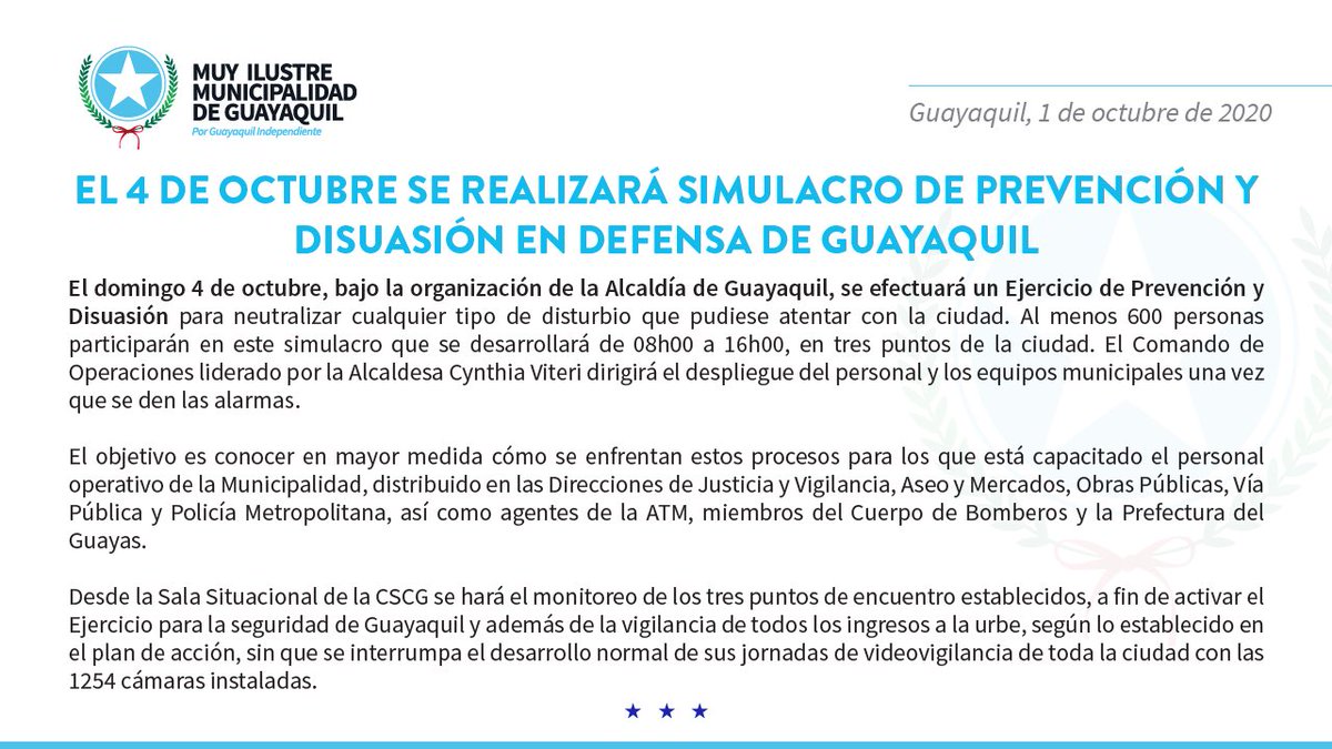 alcaldiagye's tweet photo. El próximo domingo de octubre, el Comando de Operaciones del municipio, liderado por la Alcaldesa @cynthiaviteri, realizará un simulacro de prevención y disuasión de disturbios en la ciudad. #GuayaquilNoPara https://t.co/enpmsKGJ9G