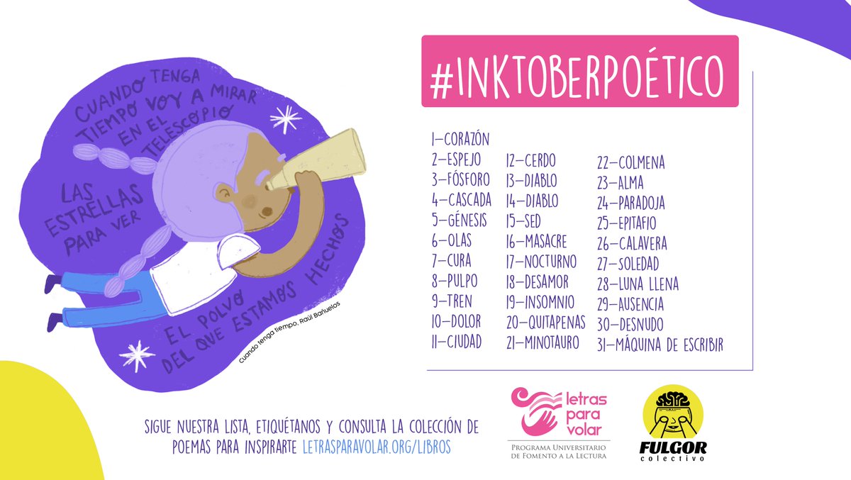 ¿Eres ilustrador y te gusta la poesía?
Practica tu técnica y lee todos los días ilustrando esta lista de  palabras. Puedes inspirarte en la colección de Poesía Hugo Gutiérrez Vega de Letras para Volar que encontrarás en el siguiente link:
letrasparavolar.org/libros/