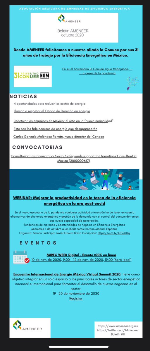 Te invitamos a consultar nuestro  #boletin #noticias #eventos #EficienciaEnergética <a href="/AAmeneer/">Asociación de Empresas de Eficiencia Energética AC</a> más información ameneer.org.mx 👇🏻👇🏻👇🏻