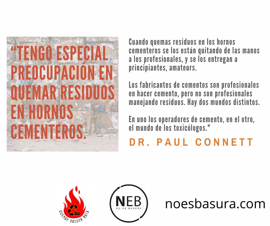 noesbasura's tweet photo. “Tengo especial preocupación en quemar residuos en hornos cementeros. Cuando quemas residuos en los hornos cementeros se los están quitano de las manos a los profesionales, y se los entregan a principiantes. " Dr. Paul Connett#basura #quemarbasuramata #cemento #basuracero https://t.co/rw3iK0H0ZF
